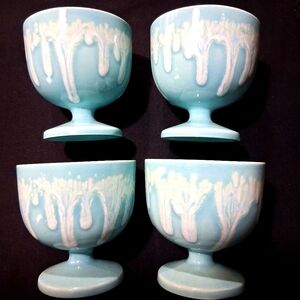 Antique Dessert Cups Drippy Celadon Ice Cream Sorbet Pudding Bowls Footed Glazed